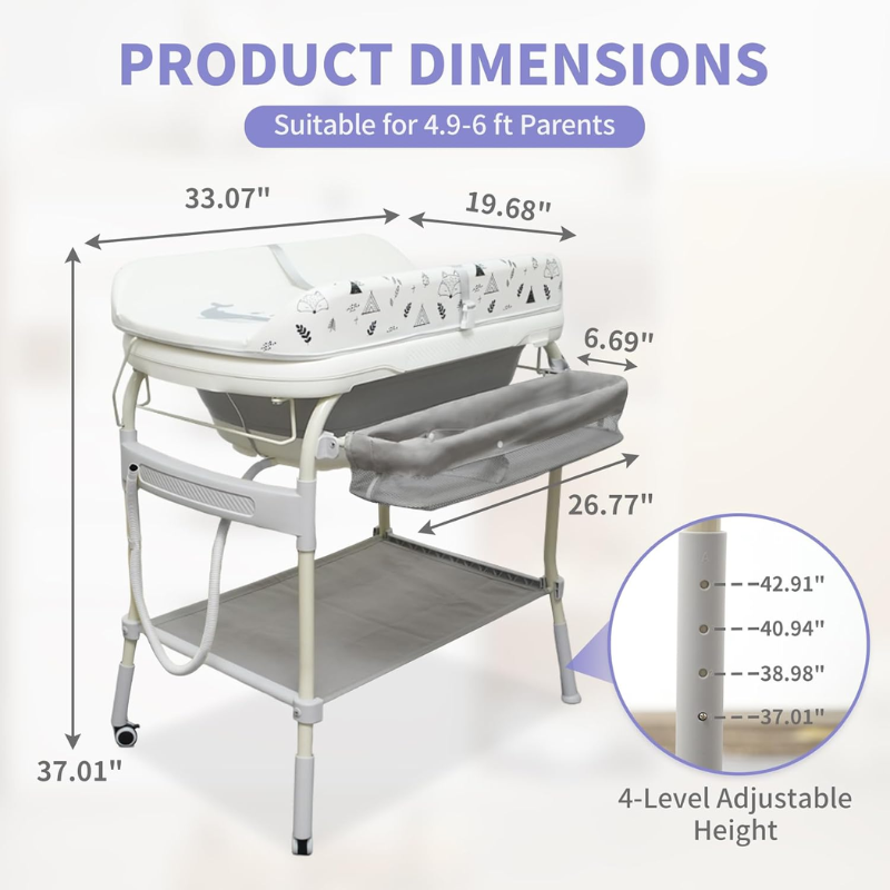 2-in-1 Baby Bathtub & Changing Table – Portable Diaper Changing Station with Storage & Adjustable Height