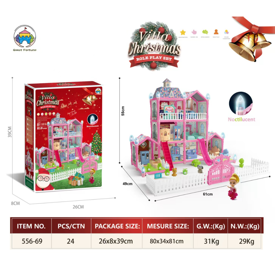 Villa Christmas Role Play Dollhouse Set – 315-Piece Large DIY Dollhouse with Lights & Accessories for Kids (3+ Years)