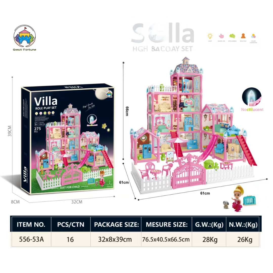 🏰 Villa Role Play Set – 275 PCS Luxury Dollhouse for Kids (With Lights)