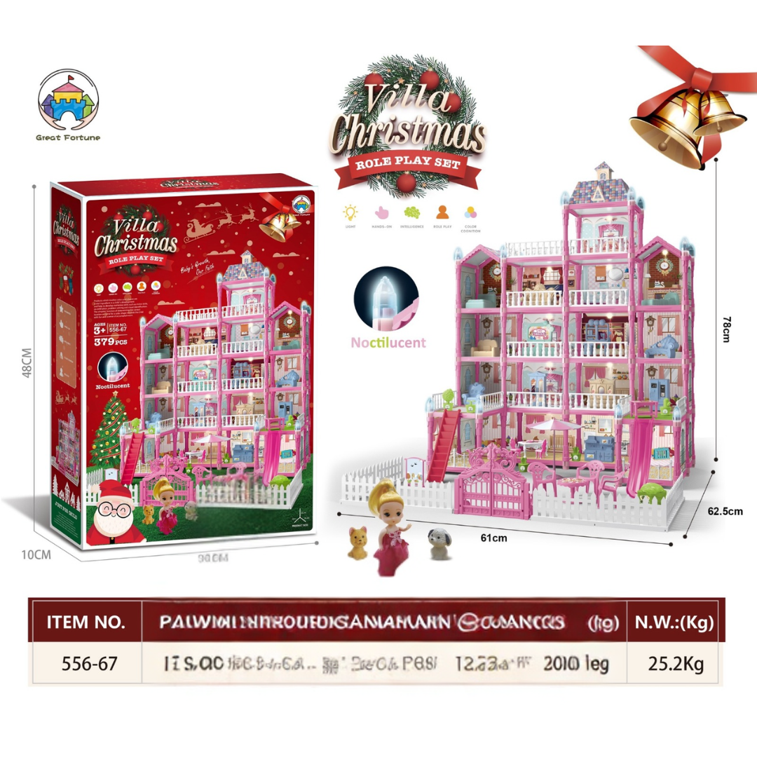 🎀 Villa Christmas Role Play Set – Deluxe Multi-Story Dollhouse with Furniture, Pets & Glowing Lights