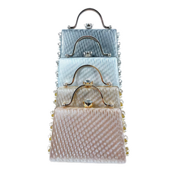 Elegant Pearl-Embellished Vintage Clutch Handbag – Textured Satin Evening Purse for Weddings, Parties & Formal Events