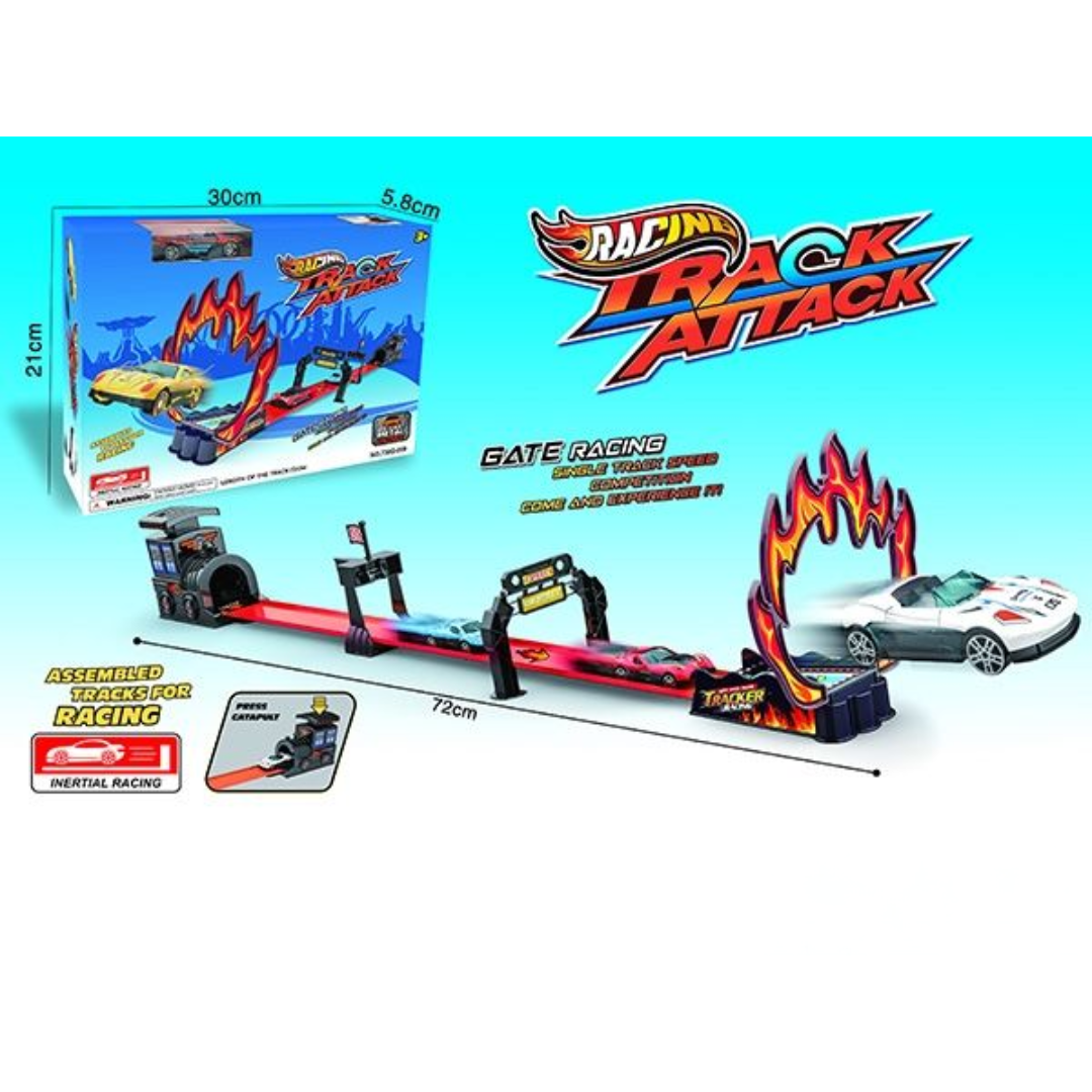 Racing Track Attack Gate Racing Playset – 72cm Inertial Car Track with Launcher & Flame Loop