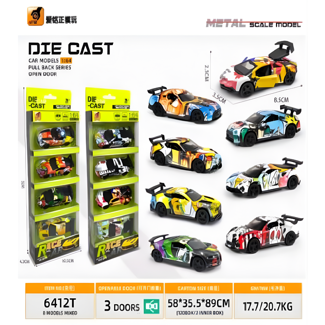 Diecast car models with packaging and specifications on a white background